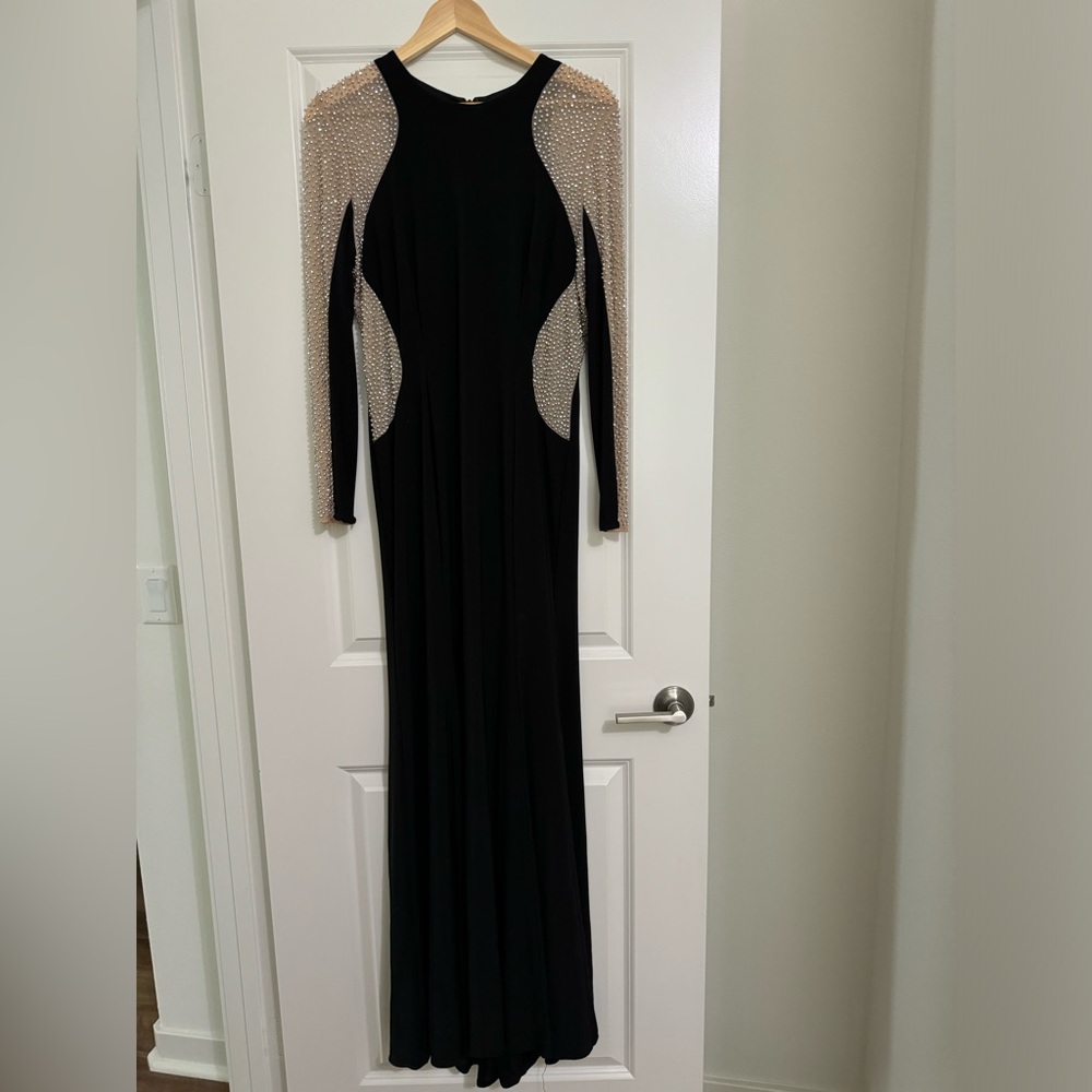 XSCAPE Black Long Sleeve Dress with Beading